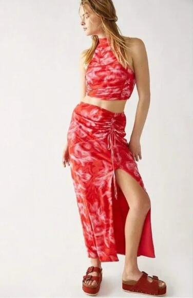 Free People Ruched Mesh Slit Maxi Skirt Red Size Small Y2K Indie Sleaze Festival - Picture 1 of 9
